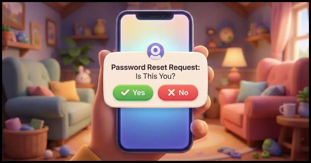 a mobile phone displaying a message "Password Reset Request: Is This You?" with Yes No buttons beneath