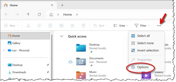 Windows File Explorer Options menu item.