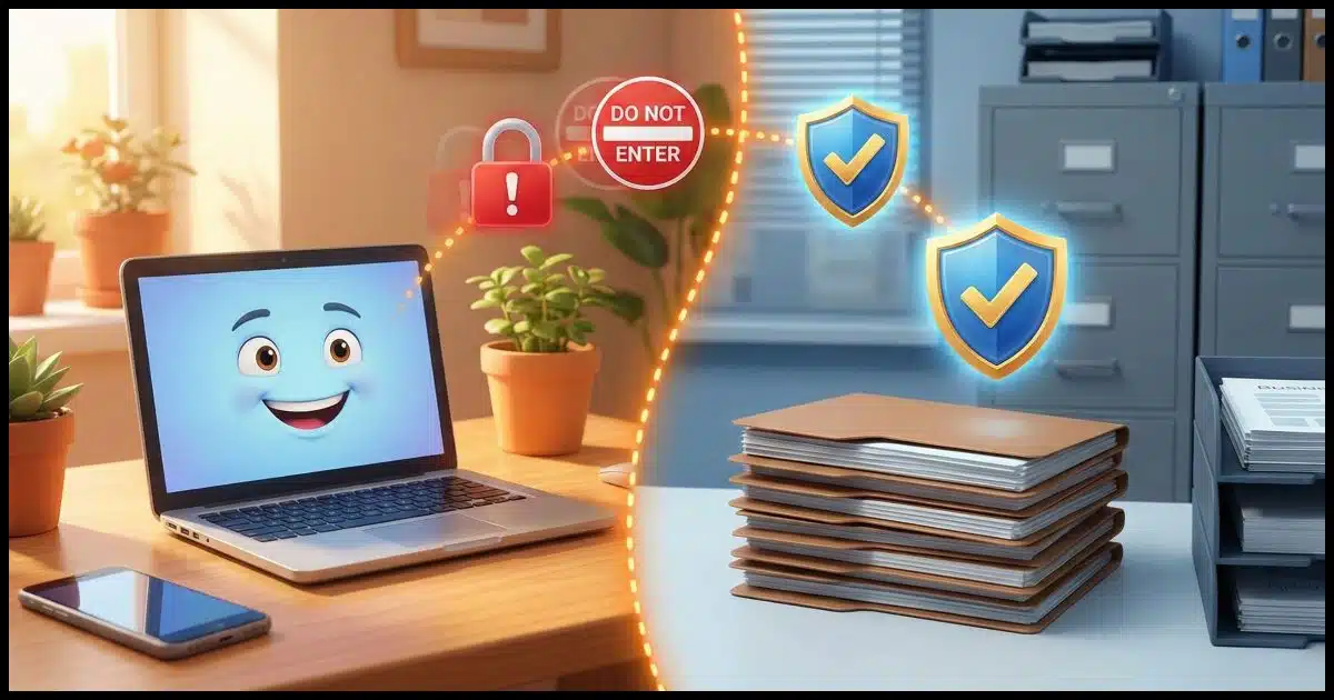 A split scene showing a personal laptop and phone on one side and business files on the other, connected by a dotted line, with warning icons fading into shields.