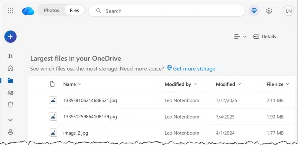 Largest files in OneDrive online.