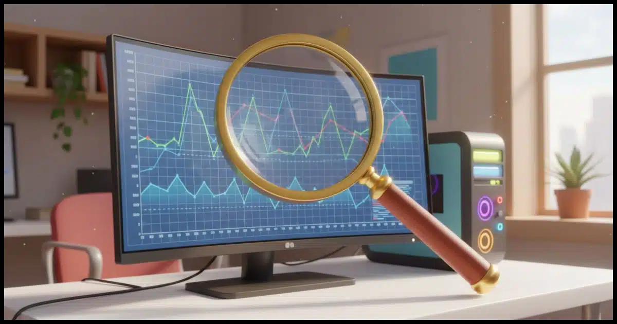 a magnifying glass looking at a computer screen that's displaying a network performance graph