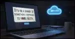 A high-contrast close-up of a modern laptop screen in a dark room. The screen displays a stylized, "ransom note" style popup with mismatched letters cut from digital fonts. The text reads: "IT’D BE A SHAME IF SOMETHING HAPPENED TO YOUR DATA." In the background, out of focus, a blue OneDrive cloud icon glows ominously.