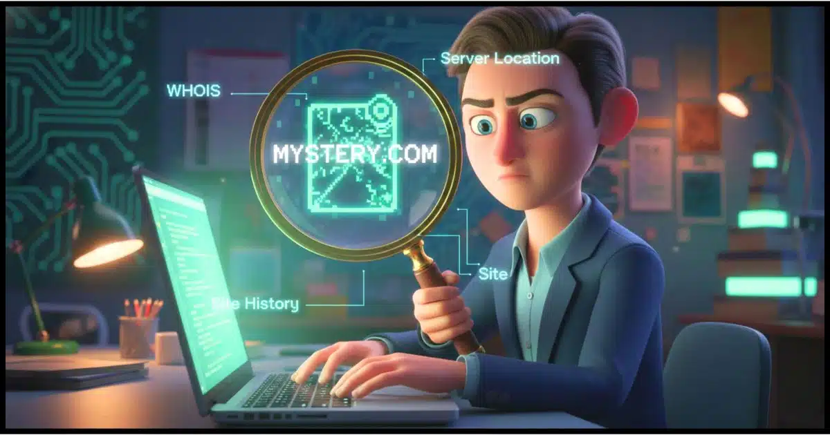 A person in a blazer at a laptop, with a magnifying glass over the screen showing a domain name, and faint overlays of “WHOIS,” “Server Location,” and “Site History.”
