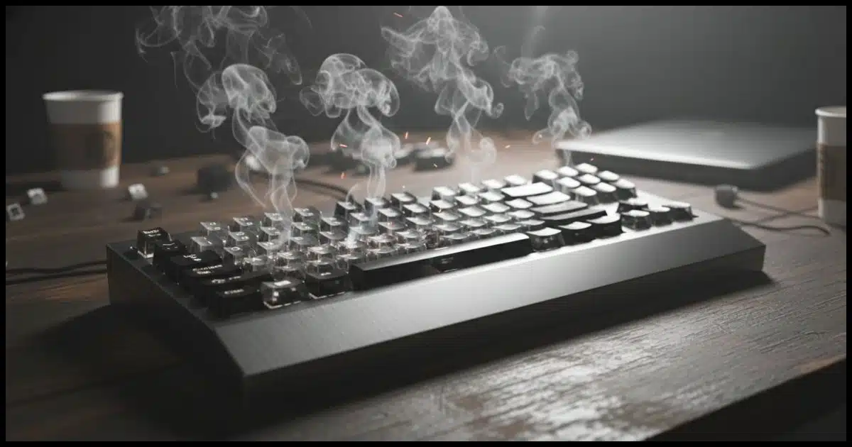 a computer keyboard with smoke coming out of it