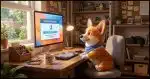 A corgi sitting in front of a computer on a desk whose screen says "backup in progress" showing a progress bar 90% complete