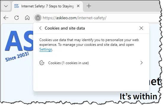 Cookies and site data information.