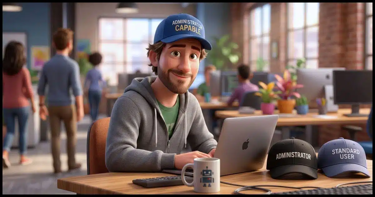 An individual wearing a baseball cap labelled "Adminstrator capable". On a table next to him are baseball caps labelled "Administrator" and "Standard User".