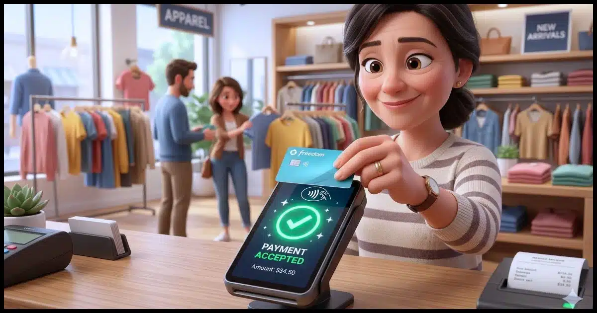 A hand tapping a contactless credit card on a modern payment terminal, with a glowing green checkmark appearing on the screen, set against a bright, clean retail background.