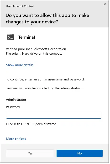 UAC as presented to a standard account.