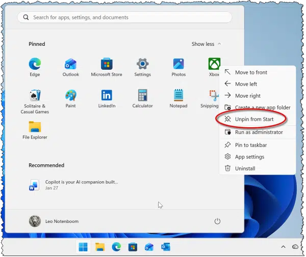 Unpinning the Xbox app from the Start menu.