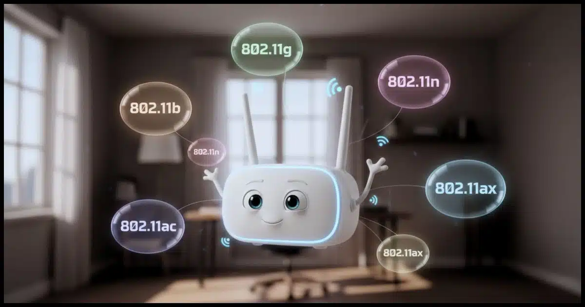 A Wi-Fi access point with the items 802.11b, 802. 11g, 802.11n, 802.11a, 802. 11ac, and 802.11ax floating around it.