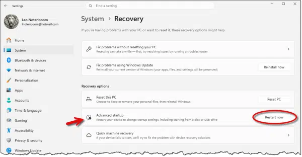 Advanced Startup in System Settings.