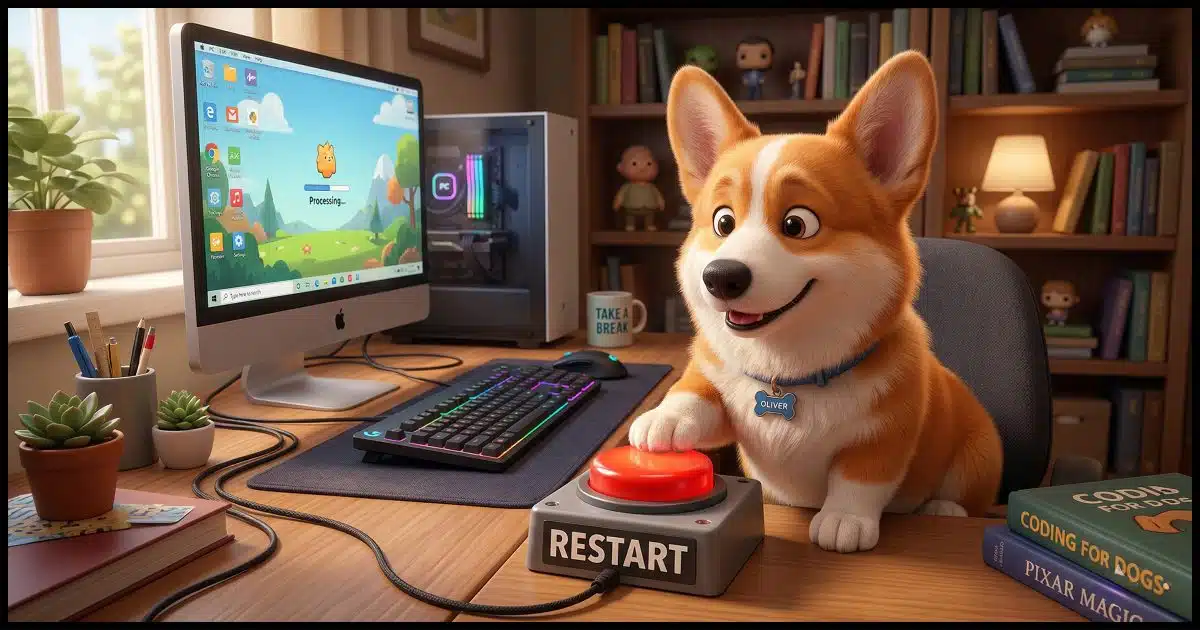 A desktop computer with a large external pushbutton connected labelled "RESTART". A Corgi sits next to the button with his paw over it as if ready to push it.