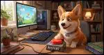 A desktop computer with a large external pushbutton connected labelled "RESTART". A Corgi sits next to the button with his paw over it as if ready to push it.