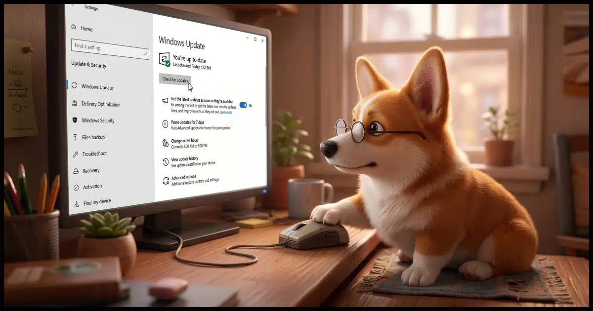 A computer screen displaying the Windows 10 Updates settings page, and a Corgi in front of the computer using the mouse to click the "Check for updates" button.