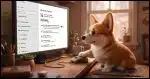 A computer screen displaying the Windows 10 Updates settings page, and a Corgi in front of the computer using the mouse to click the "Check for updates" button.