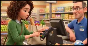 someone at a grocery store checkout counter, covering the PIN pad while they enter their PIN