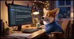 A worried looking Corgi looking at a computer screen which has an email message From: mailer-daemon. The computer screen has devil's horns.