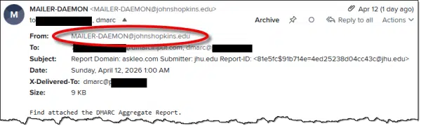 Mailer daemon sending me a DMARC mail delivery report.