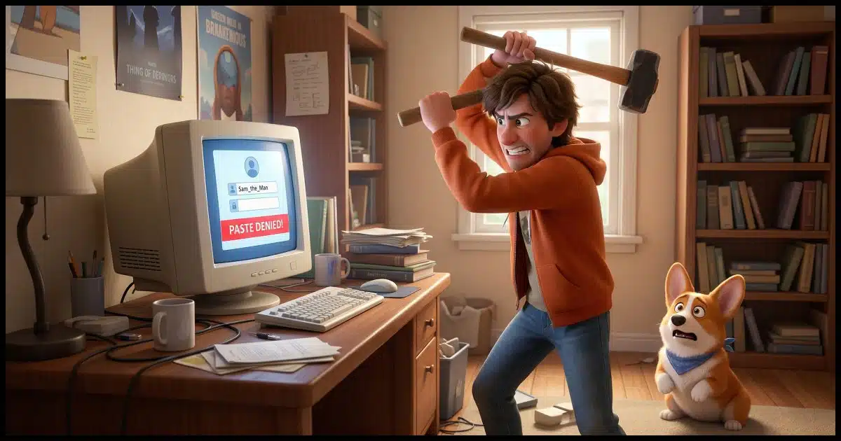 A computer on a desk showing a login form and the error message "paste denied". An individual is about to smash the computer with a sledgehammer. A corgi sits on the floor nearby with a shocked look on its face.
