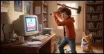 A computer on a desk showing a login form and the error message "paste denied". An individual is about to smash the computer with a sledgehammer. A corgi sits on the floor nearby with a shocked look on its face.