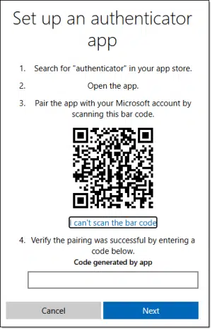 QR code displayed for setting up TOTP 2FA with a Microsoft account