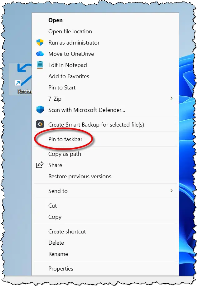 Full right-click menu for shortcut.