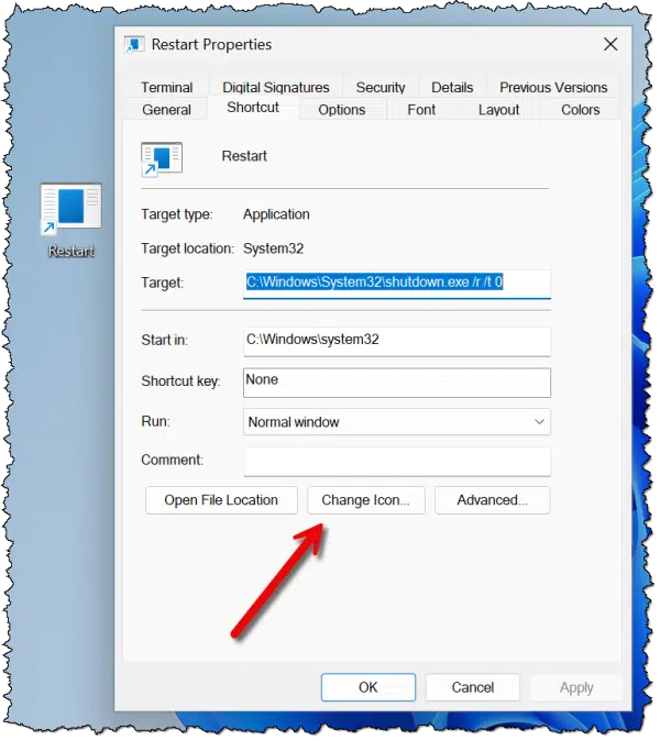 Restart shortcut properties.