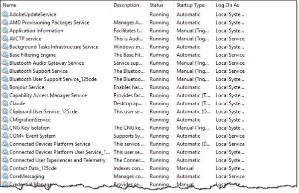 A partial list of the services/daemons running on my PC.