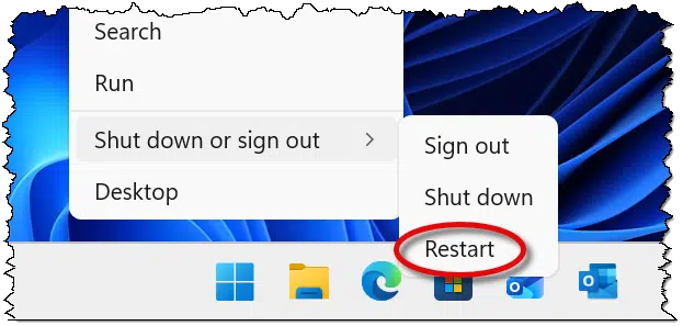 Traditional restart sequence on the Start menu.