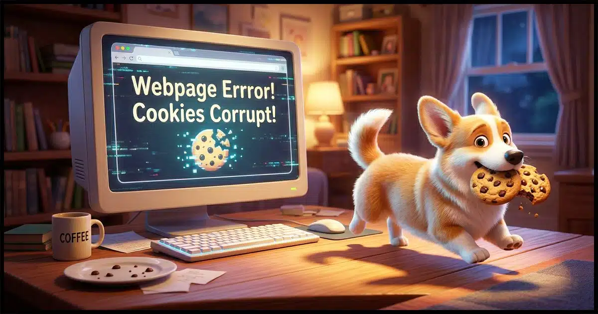 A computer screen displaying "Webpage Errror! Cookies Corrupt!" and Corgi running off with a couple of cookies in his mouth.