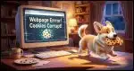 A computer screen displaying "Webpage Errror! Cookies Corrupt!" and Corgi running off with a couple of cookies in his mouth.