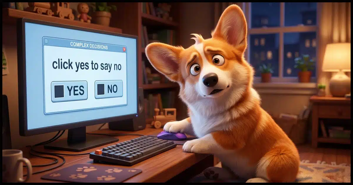 A Corgi looking at a computer screen with a very puzzled look; on the computer screen are yes/no checkboxes with the text "click yes to say no" above them.