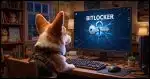 A Corgi looking at a computer screen. The perspective is over the Corgi's shoulder. The computer screen shows a BitLocker icon which has been cracked in half.