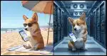 A split screen: on one side a Corgi at the beach looking at his smartphone displaying the Signal messaging app, on the other side a Corgi in a data center looking pensive and also looking at Signal on his smartphone.