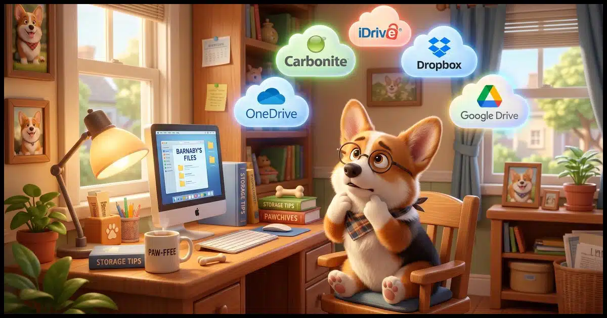 A Corgi at his desk with a computer nearby, above him float several cloud icons, labeled "Carbonite", "OneDrive", "iDrive", "Dropbox", and "Google Drive". The Corgi looks puzzled as he decides which to use.