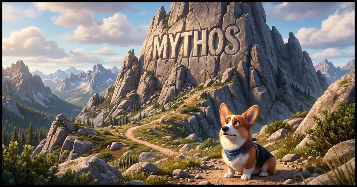 A granite mountain on top of which is carved the name MYTHOS. At the base of the mountain is a concerned looking Corgi