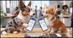 Two Corgis each holding a smartphone with a TOTP authentication app showing the exact same information and code. The Corgis are comparing their phones with each other in a bright office environment.