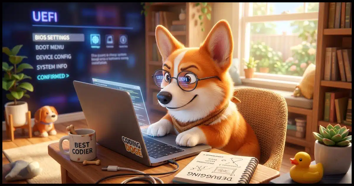 A Corgi at a laptop with a slightly puzzled-then-confident expression, bright natural light, with a blurred UEFI-style screen reflected in their glasses