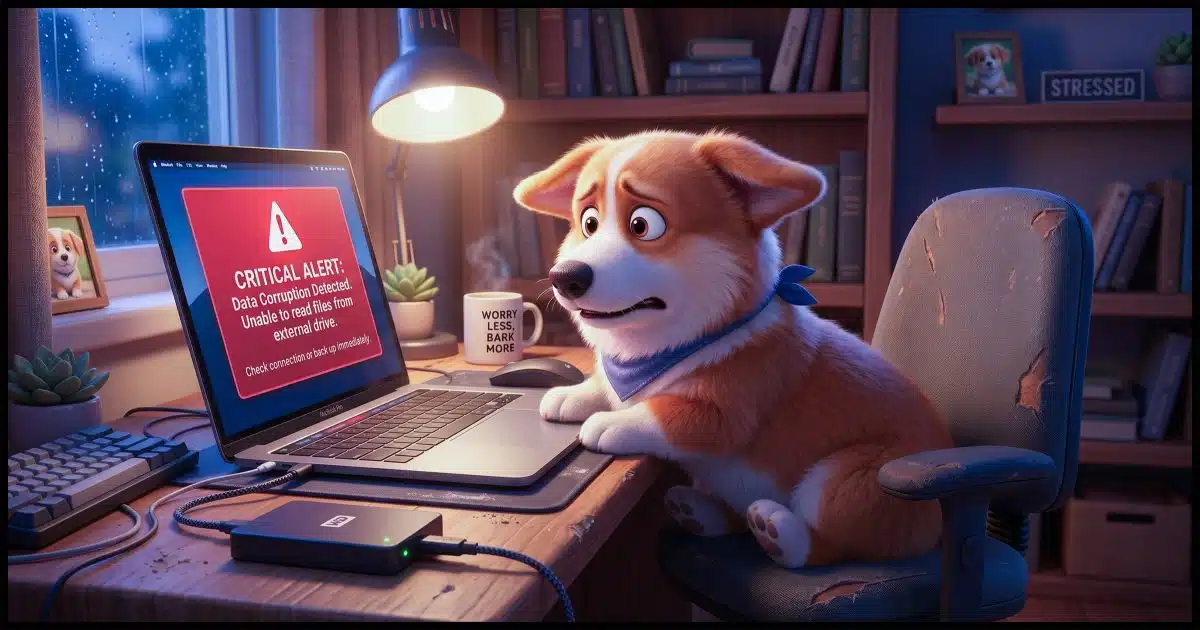 A Corgi sitting at a home desk, staring at a laptop screen showing a red warning alert. An external hard drive is connected to the laptop. Warm ambient lighting. Tonal direction: relatable anxiety.