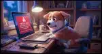 A Corgi sitting at a home desk, staring at a laptop screen showing a red warning alert. An external hard drive is connected to the laptop. Warm ambient lighting. Tonal direction: relatable anxiety.