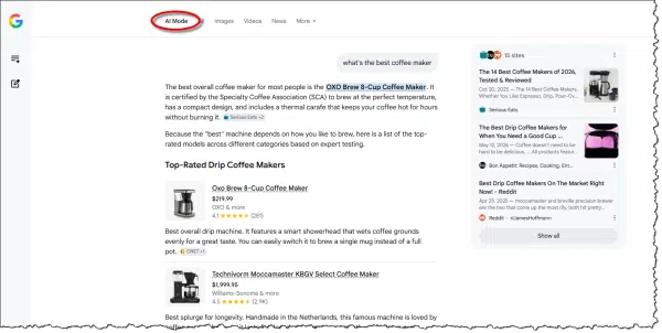 Google AI mode results for "What's the best coffee maker?"