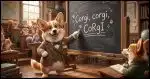A Corgi professor pointing to a chalkboard that has "Corgi, corgi, CoRgI" written on it.