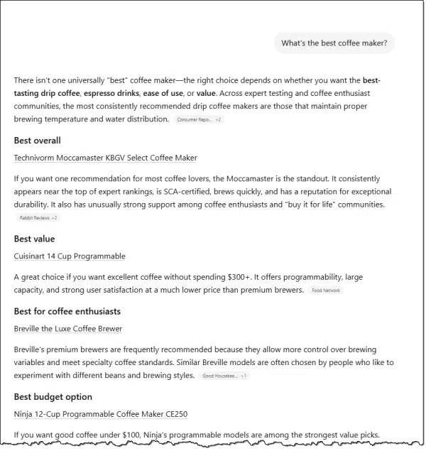 ChatGPT results for "What's the best coffee maker?"