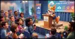 A Corgi in a press-conference setting, promoting the use of cloud storage, taking questions from a small crowd of people.