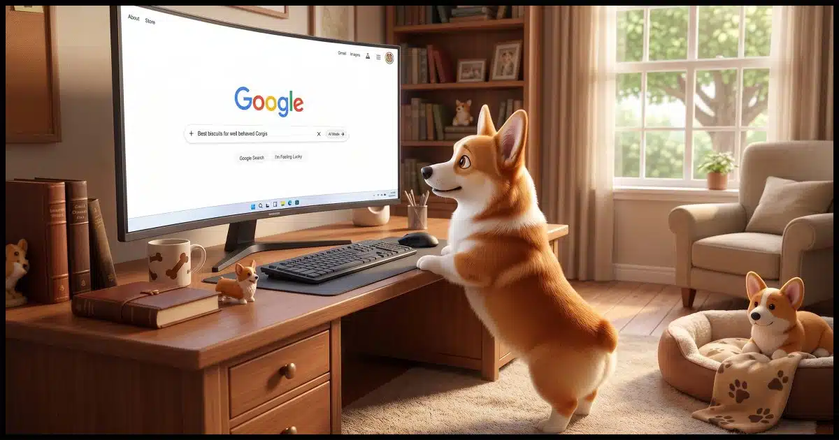 A Corgi in a home office looking at a Windows PC with the attached image on the screen.