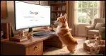 A Corgi in a home office looking at a Windows PC with the attached image on the screen.