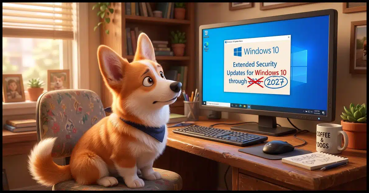 A Corgi looking at a Windows 10 computer screen displaying a message "Extended Security Updates through 2026" with the "2026" crossed out and replaced by 2027