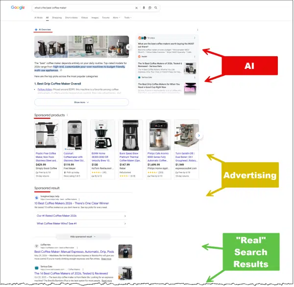 Google search results for "What's the best coffee maker?"