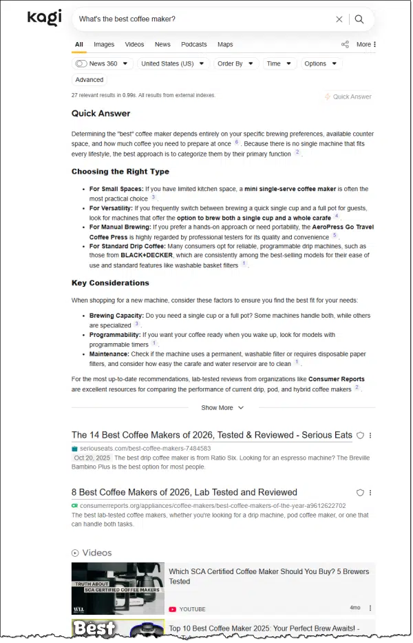 Kagi results for "What's the best coffee maker?"